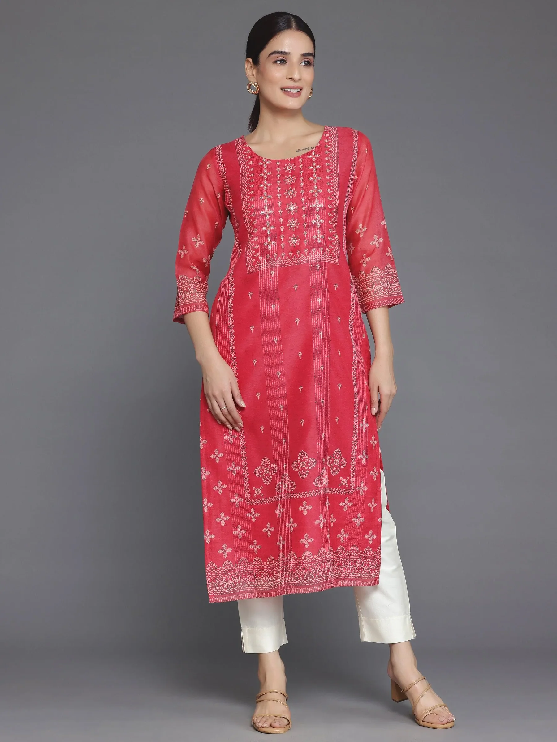 37049_1.webp Coral Printed Chanderi Silk Straight Kurta - Image 1