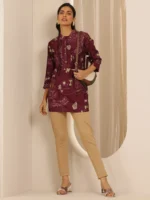 Maroon Printed Silk Blend Straight Short Kurti - Image 5