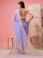 Hand Embroidered Blue - Yellow Georgette Lucknowi Chikankari Saree with Unstitched Blouse - Image 2