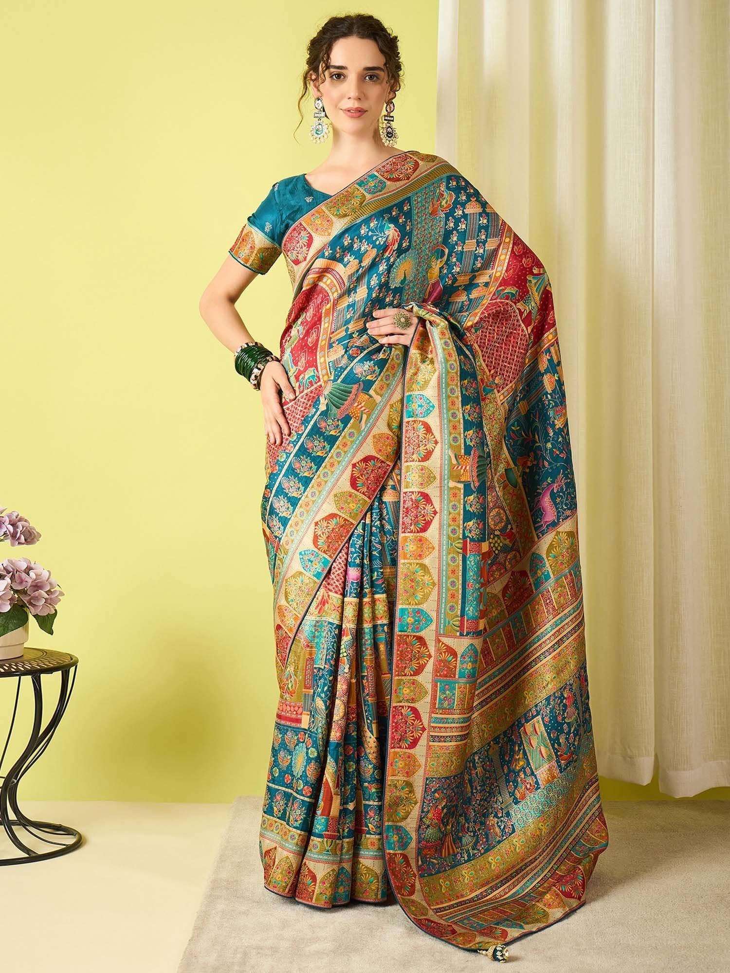 6a4488fMSTANI123FHSTeal_1.jpg Teal Woven Viscose Saree with Unstitched Blouse - Image 1