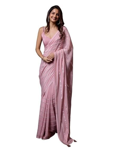Women's Silk Sequins Embroidery Stripted Saree with Blouse Piece