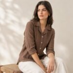 Cedar Brown Pinstripe Washed Linen Slim Fit Casual Shirt