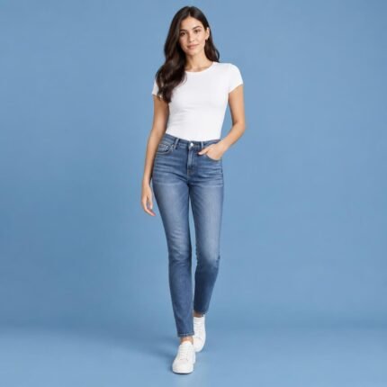 Washed Indigo Mid Rise Smart-Casual Stretch Denim Jeans