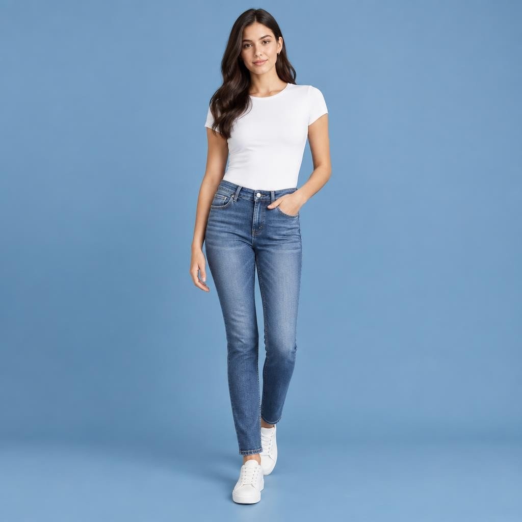 Washed Indigo Mid Rise Smart-Casual Stretch Denim Jeans Featured Washed Indigo Mid Rise Smart-Casual Stretch Denim Jeans